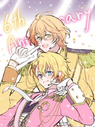 Rule 34 | 2boys, :3, :d, anniversary, black vest, blonde hair, blue eyes, collared shirt, cowlick, epaulettes, finger to cheek, finger to mouth, glasses, gloves, hair between eyes, hair ornament, hairclip, headset, height difference, highres, idol clothes, jacket, kurabayashi, kurusu shou, lapel pin, light blush, long sleeves, looking at viewer, male focus, multiple boys, necktie, official alternate costume, open mouth, pink jacket, pink shirt, sash, shinomiya natsuki (uta no prince-sama), shirt, short hair, shoulder sash, side part, sleeve cuffs, smile, sparkle, teeth, upper body, upper teeth only, uta no prince-sama, vest, wavy hair, white background, white gloves, white necktie, yellow jacket