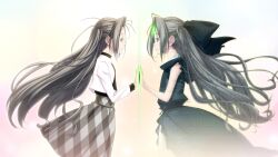 2girls antenna_hair black_dress black_shirt blue_bow blue_eyes bow checkered_clothes checkered_skirt cropped_jacket distortion dress dual_persona ears_visible_through_hair eye_contact floating_clothes floating_hair frilled_dress frilled_skirt frilled_sleeves frills fukuda_tomonori game_cg grey_hair grey_skirt hair_between_eyes hair_bow hand_to_hand high-waist_skirt high_collar highres holding_hands jacket long_hair looking_at_another multiple_girls non-web_source official_art puffy_short_sleeves puffy_sleeves robotics;notes shirt short_sleeves sidelocks skirt sleeveless_vest smile tareme turtleneck turtleneck_shirt twintails white_jacket yukifune_airi