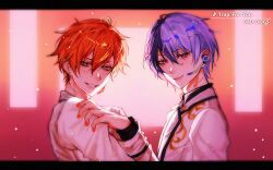 Rule 34 | 2boys, aoyagi touya, blue hair, closed mouth, commentary, ear piercing, earrings, english commentary, ensemble stars!, fingernails, hair between eyes, hand up, headset, highres, jewelry, letterboxed, long sleeves, looking at viewer, male focus, mole, mole under eye, multicolored hair, multiple boys, nail polish, nuxrei, orange hair, orange nails, piercing, project sekai, shinonome akito, short hair, smile, split-color hair, teeth, two-tone hair, upper body