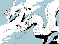 Rule 34 | 1boy, all fours, animal ears, animal feet, animal hands, blue background, blue theme, claws, commentary request, dragon, dragon boy, dragon ears, dragon horns, dragon tail, dual persona, eastern dragon, eastern dragon horns, eastern dragon tail, greyscale with colored background, highres, horns, hotathino, japanese clothes, kimono, long hair, male focus, monster boy, original, simple background, solo, tail, wind