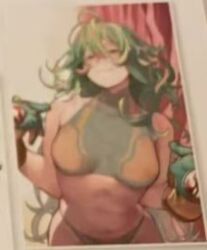 bare_shoulders boku_no_hero_academia bra breasts gloves green_hair hagakure_toru highres horikoshi_kouhei naughty_face panties pointing pointing_at_self polaroid_photo stomach underwear