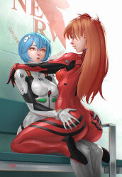 Rule 34 | 2girls, arms around neck, ass, ass press, ayanami rei, blue eyes, blue hair, bodysuit, breasts, curvy, eye contact, grabbing another&#039;s ass, groping, highres, huge ass, lips, lipstick, long hair, looking at another, makeup, mecha pilot suit, medium breasts, multiple girls, neon genesis evangelion, patreon logo, patreon username, plugsuit (evangelion), red eyes, sitting, sitting on lap, sitting on person, souryuu asuka langley, suddakka, wide hips, yuri