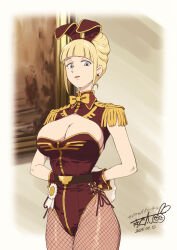 animal_ears arms_behind_back blonde_hair blue_eyes breasts cecilia_irene cleavage dated earrings epaulettes fake_animal_ears fake_tail fishnet_pantyhose fishnets gundam gundam_gquuuuuux highres jewelry large_breasts leotard looking_at_viewer maguta pantyhose playboy_bunny rabbit_ears rabbit_tail signature tail