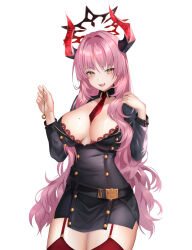 1girl blue_archive breasts cleavage halo highres holding horns large_breasts long_hair long_sleeves looking_at_viewer mole mole_on_breast necktie open_mouth pink_hair raurashun red_garter_straps red_necktie red_thighhighs satsuki_(blue_archive) simple_background smile solo thighhighs white_background yellow_eyes