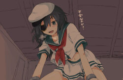 1girl blue_sailor_collar blush breath eyepatch girl_on_top hair_between_eyes hat indoors kantai_collection kinari kiso_(kancolle) looking_at_viewer looking_down navel neckerchief pov red_neckerchief sailor_collar school_uniform serafuku short_sleeves skirt solo sweat translation_request white_hat white_skirt