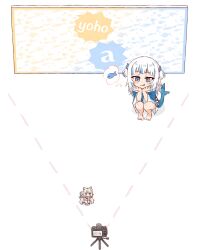 2girls :q absurdres ameneko_kuro artist_name barefoot blonde_hair blue_eyes blue_hair camera commentary english_commentary fins fish_tail gawr_gura gawr_gura_(1st_costume) highres hololive hololive_english indie_virtual_youtuber mini_person minigirl multicolored_hair multiple_girls sameko_saba size_difference speech_bubble squatting streaked_hair tail thought_bubble tongue tongue_out twitter_username two-tone_hair two_side_up virtual_youtuber white_hair