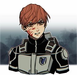 Rule 34 | 1boy, backpack, bag, blood, blood on face, brown eyes, brown hair, clenched teeth, commentary, floch forster, highres, keksimuru, male focus, portrait, shingeki no kyojin, solo, survey corps (emblem), teeth, three-dimensional maneuver gear