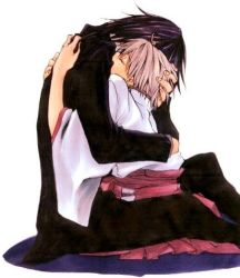 Rule 34 | 00s, 2boys, ^ ^, black hair, closed eyes, couple, formal clothes, grey hair, haruka, hug, ichinomiya kantarou, japanese clothes, lowres, male focus, multiple boys, short hair, simple background, suit, tactics, white background, yaoi