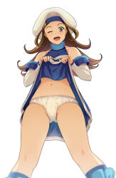 Rule 34 | 1girl, ;d, absurdres, agira, bare shoulders, beret, blue dress, blue socks, brown eyes, brown hair, clothes lift, commentary request, commission, covered collarbone, cowboy shot, crotch seam, detached sleeves, dress, dress lift, from below, gensou suikoden, gensou suikoden ii, groin, hat, highres, kneehighs, lifting own clothes, long hair, looking at viewer, millie (suikoden), navel, one eye closed, open mouth, panties, pixiv commission, presenting, simple background, skirt, skirt lift, sleeveless, sleeveless dress, smile, socks, solo, standing, stomach, underwear, white background, white hat, white panties, white sleeves