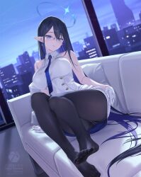 1girl bare_shoulders black_hair black_pantyhose blue_archive blue_eyes blue_hair blue_halo blue_necktie blue_sky breasts building city collared_dress colored_inner_hair couch dress glasses gloves halo highres large_breasts long_hair looking_at_viewer multicolored_hair necktie on_couch pantyhose pointy_ears rin_(blue_archive) rokuwata_tomoe sky sleeveless sleeveless_dress slit_pupils soles solo very_long_hair white_dress white_gloves