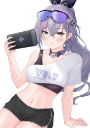 Rule 34 | 1girl, absurdres, black ribbon, black shorts, black sports bra, blush, choker, commentary, crop top, eyewear on head, grey eyes, grey hair, hair ornament, hair ribbon, hairclip, highres, holding, honkai: star rail, honkai (series), long hair, looking at viewer, midriff, navel, parted lips, ribbon, shirt, short shorts, shorts, silver wolf (honkai: star rail), simple background, single-shoulder shirt, single bare shoulder, single sleeve, solo, sports bra, stack016, stomach, sunglasses, very long hair, white background, white shirt