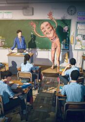 1girl 1other 4boys bare_legs barefoot black_hair black_pants black_skirt blue_jacket blue_shirt board brown_eyes chair chalkboard classroom clock commentary creature desk extra_eyes eye_in_palm from_behind grin highres indoors jacket kiginobiru_(hayapi) leaning_to_the_side looking_at_another miniskirt multiple_boys notebook nude original pants pleated_skirt school_desk school_uniform shadow shirt short_sleeves sitting skirt smile standing tentacle_hands tentacles wall_clock wooden_floor
