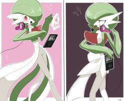 blush bob_cut colored_skin dress gardevoir gen_3_pokemon green_hair green_skin hair_over_one_eye headphones highres inb795 multicolored_skin multiple_views nintendo pink_eyes pokemon pokemon_(creature) simple_background tongue tongue_out two-tone_skin white_dress white_skin