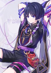 Rule 34 | 1boy, arm ribbon, arms behind head, arms up, black bodysuit, black hair, black kimono, black shorts, black sleeves, blunt ends, bodysuit, closed mouth, expressionless, eyeliner, eyeshadow, frilled sleeves, frills, furisode, genshin impact, gold, gold trim, highres, japanese clothes, jewelry, juban, kimono, layered sleeves, leg ribbon, looking at viewer, makeup, male focus, mandarin collar, mitsudomoe (shape), natuo e, neck ring, o-ring, open clothes, open kimono, pink ribbon, purple eyes, purple rope, purple sash, purple sleeves, red eyeliner, red eyeshadow, red kimono, ribbon, rope, sash, scaramouche (genshin impact), shadow, shimenawa, shorts, shoulder peek, sitting, solo, tassel, thigh ribbon, tomoe (symbol), tsurime, twitter username, white kimono, white rope, white trim, wispy bangs, zoom layer