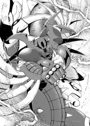 arm_blade biomechanical electricity getter_arc getter_khan getter_kirik getter_robo getter_robo_arc greyscale head_wings highres looking_at_viewer mecha mecha_focus monochrome mura9mo open_mouth profile robot sharp_teeth solo_focus super_robot teeth weapon wings