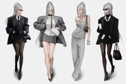1girl alternate_costume ayase_seiko bag black_choker black_necktie black_shoes black_skirt black_vest blazer bracelet breasts choker collared_shirt dandadan dress_shirt drink earrings grey_skirt handbag high_heels highres holding holding_drink jacket jewelry mature_female medium_breasts miniskirt necktie oversized_clothes pantyhose red-framed_eyewear shirt shoes skirt stiletto_heels strapless strapless_shirt sumi_(suumiko_) sunglasses vest white_background white_hair white_shirt white_shoes