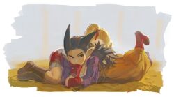 1boy 1girl blonde_hair boots brown_footwear brown_hair closed_eyes commentary_request dragon_quest dragon_quest_builders_2 dress female_builder_(dqb2) fringe_trim gloves hair_horns hair_pulled_back hair_ribbon hand_on_own_chin jewelry long_hair looking_to_the_side low_ponytail lying necklace on_side on_stomach open_clothes open_shirt orange_pants pants pointy_ears ponytail purple_shirt red_eyes red_footwear red_gloves red_ribbon ribbon shirt sidoh_(dqb2) simu_rr spiked_hair tooth_necklace twintails