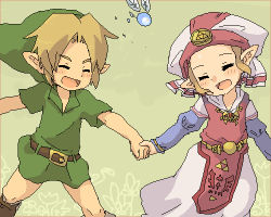 1boy 1girl aged_down blonde_hair blush fairy happy hat link lowres navi nintendo oekaki open_mouth pointy_ears princess_zelda smile the_legend_of_zelda the_legend_of_zelda:_ocarina_of_time tsutsuji young_link young_zelda