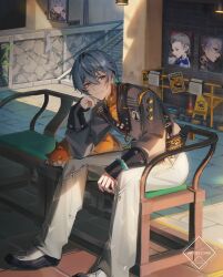 Rule 34 | 1boy, black jacket, cat, closed mouth, grey hair, head rest, jacket, looking at viewer, lyrie luna, on bench, pants, short hair, smile, solo, white pants, wise (soaring crane) (zenless zone zero), wise (zenless zone zero), yellow eyes, zenless zone zero