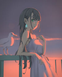 1girl bare_shoulders bird breasts brown_hair dress dusk earrings green_eyes highres jewelry long_hair looking_at_viewer open_mouth original railing seagull sky small_breasts solo summer sundress twilight vofan white_dress