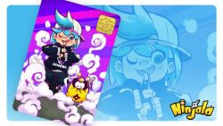 2boys abstract_background ankle_boots aqua_background aqua_eyes aqua_hair backwards_hat bandaid baseball_cap black_boots black_bridal_gauntlets blue_hood blue_hoodie blue_pupils blue_shorts blue_sleeves boots border bridal_gauntlets card character_background child closed_eyes commentary copyright_name copyright_notice english_commentary english_text facial_scar gumchi gungho hat hood hood_down hoodie kappei_(ninjala) kuji-in lace-up_boots legs_together logo logo_print looking_at_another medium_hair multiple_boys ninjala nose_tape official_art one_eye_closed outline projected_inset puffy_shorts purple_outline rianti-wong sandals scar scar_on_cheek scar_on_face second-party_source shinai shorts shuriken simple_background smoke standing sword triangle_print weapon white_border white_hat zouri