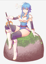 1girl ahoge armor belt blue_hair blue_tunic boots breastplate breasts commission commissioner_upload elbow_gloves fire_emblem fire_emblem:_genealogy_of_the_holy_war geraldjess1 gloves headband highres holding holding_sword holding_weapon if_they_mated knee_up looking_at_viewer medium_breasts nintendo original pelvic_curtain popped_collar purple_eyes rock selia short_hair shoulder_armor sidelocks simple_background sitting skindentation sleeveless smile solo sword thighhighs thighs tomboy tunic weapon white_background white_headband