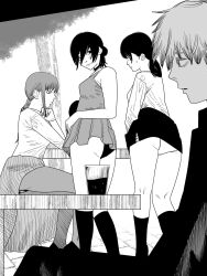 1boy 3girls ass bench braid chainsaw_man choker closed_mouth commentary_request cup denji_(chainsaw_man) dress drink drinking_glass fujimoto_tatsuki_(style) greyscale highres long_hair low_twintails makima_(chainsaw_man) miniskirt mitaka_asa monochrome multiple_girls nanami_toga panties pantyhose reze_(chainsaw_man) shirt short_dress short_hair single_braid sitting skirt smile sweatdrop table twintails underwear