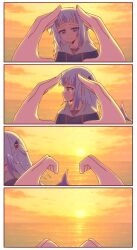 1girl 1other blue_eyes blue_hair closed_mouth fins fish_tail gawr_gura gawr_gura_(1st_costume) grey_hair hair_between_eyes heart heart_hands highres hololive hololive_english hood hoodie lexl_animation long_hair multicolored_hair shark_girl shark_tail streaked_hair sunset tail tears virtual_youtuber white_hair white_hoodie