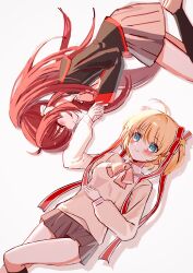 Rule 34 | 2girls, ahoge, black jacket, black socks, blonde hair, blue eyes, blush, bow, brown hair, closed eyes, closed mouth, commentary request, dutch angle, eshiko, facing another, feet out of frame, grey skirt, hair ornament, hair ribbon, hair spread out, hand up, happy, highres, holding hands, jacket, kamikita komari, knee up, kneehighs, little busters!, little busters! school uniform, long hair, long ribbon, long sleeves, looking at another, lying, miniskirt, multiple girls, on back, on side, pink bow, pleated skirt, ponytail, profile, red ribbon, ribbon, school uniform, shadow, short hair, sidelighting, sidelocks, simple background, skirt, smile, socks, star (symbol), star hair ornament, sweater, two side up, white background, white ribbon, yellow sweater