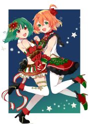2girls :d absurdres ankle_boots asymmetrical_legwear bob_cut boots bow christmas commentary crop_top detached_collar english_commentary floating freyja_wion frilled_skirt frills from_side gloves green_eyes green_hair hair_bow hair_ornament heart high_heel_boots high_heels highres holding_hands idol in-franchise_crossover interlocked_fingers jewelry kumanoekakiuta leg_up looking_at_viewer macross macross_delta macross_frontier microskirt midriff miniskirt multiple_girls one_side_up open_mouth orange_hair outside_border pantyhose ranka_lee red_eyes red_footwear red_gloves red_shirt red_skirt shirt short_hair skirt sleeveless sleeveless_shirt smile star_(symbol) strapless strapless_shirt symmetrical_hand_pose thighhighs thighlet white_pantyhose white_shirt white_thighhighs wristband