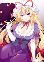1girl arm_support blonde_hair blush bow breasts cleavage corset dress elbow_gloves folding_fan gloves hair_bow hand_fan hat hat_ribbon large_breasts long_hair looking_at_viewer mob_cap purple_dress purple_eyes ribbon smile solo tanaka_shoushou_fumimaro touhou white_gloves yakumo_yukari