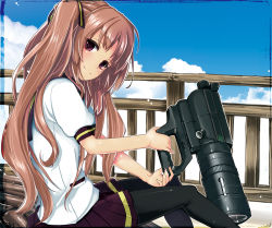 10s 1girl ano_natsu_de_matteru ask02 black_pantyhose blush brown_hair camera female_focus hair_ribbon looking_at_viewer pantyhose purple_hair ribbon sitting skirt smile solo twintails yamano_remon