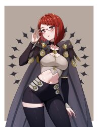 Rule 34 | 1girl, absurdres, asymmetrical clothes, asymmetrical pants, black bridal gauntlets, black leggings, black pants, breasts, bridal gauntlets, clothing cutout, commission, commissioner upload, crop top, diagonal bangs, fire emblem, fire emblem awakening, glasses, hair tubes, highres, large breasts, leg cutout, leggings, looking at viewer, midriff, miriel (fire emblem), navel, nintendo, pants, red-framed eyewear, red eyes, red hair, rein creamsoda, sage outfit (fire emblem engage), single pantsleg, solo, stomach, stomach cutout