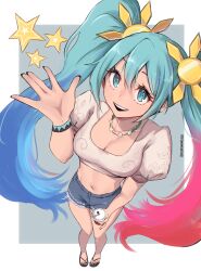 1girl :d blue_eyes blue_hair breasts filipino_miku_(ocean_hairuuu) flip-flops hatsune_miku highres jewelry kuronami616 long_hair looking_at_viewer navel necklace open_mouth philippines sandals shorts simple_background smile solo twintails vocaloid