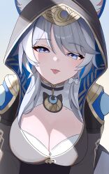 1girl absurdres anima_miko animal_ear_fluff animal_hood blue_eyes bow breasts cat_girl cat_hood cipher_(honkai:_star_rail) grey_hair hair_bow hanging_breasts highres honkai:_star_rail honkai_(series) hood hood_up large_breasts looking_at_viewer mole mole_on_breast smile solo tongue tongue_out upper_body white_bow
