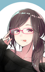 1girl :p adjusting_eyewear brown_hair female_focus glasses highres licking_lips long_hair long_sleeves looking_at_viewer mole mole_under_mouth ninnzinn off_shoulder portrait red-framed_eyewear red_eyes side_ponytail simple_background sleeves_past_wrists smug solo sweater swept_bangs tareme tongue tongue_out