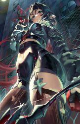 1girl absurdres animal_ears black_hair black_shorts blunt_bangs breasts combat_knife fingerless_gloves from_below fur-trimmed_jacket fur_trim garter_straps gloves green_eyes high-waist_shorts highres jacket jane_doe_(zenless_zone_zero) knife long_hair long_tail looking_at_viewer medium_breasts meltyrice mouse_ears mouse_girl mouse_tail necktie red_nails sharp_tail shorts single_garter_strap single_leg_pantyhose single_thighhigh solo spinning_weapon tail thighhighs torn_clothes torn_thighhighs two-tone_necktie weapon zenless_zone_zero