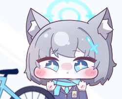 1girl against_window animal_ear_fluff animal_ears bicycle blazer blue_archive blue_eyes blue_jacket blue_necktie blue_scarf blush_stickers chibi chibi_only cross_hair_ornament grey_hair hair_ornament hand_on_window highres id_card jacket looking_at_object necktie nene_(rnjh4272) scarf shiroko_(blue_archive) simple_background solo sparkling_eyes white_background wolf_ears wolf_girl