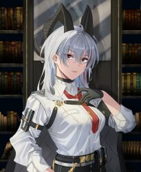Rule 34 | 1girl, arm pouch, armband, black armband, black choker, black gloves, black horns, black pouch, breasts, chest harness, choker, closed mouth, collared shirt, commentary, curled horns, earrings, gloves, grey hair, hair between eyes, hand up, harness, highres, horns, indoors, jewelry, key earrings, kuroneko (kuroneko arts), large breasts, long hair, looking at viewer, mole, mole under eye, multicolored hair, necktie, red eyes, red necktie, shirt, shirt tucked in, solo, streaked hair, upper body, white shirt, wuthering waves, zani (wuthering waves)