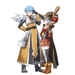 Rule 34 | 1boy, 1girl, armor, bandaged leg, bandages, belt, black cape, black gloves, black thighhighs, blue hair, blush, brown belt, cape, choker, closed mouth, collarbone, cosplay, crossdressing, darkness (konosuba), darkness (konosuba) (cosplay), dress, fingerless gloves, frieren, full body, gloves, hat, highres, himmel (sousou no frieren), holding, holding staff, kono subarashii sekai ni shukufuku wo!, long hair, long sleeves, mage staff, megumin, megumin (cosplay), off-shoulder dress, off shoulder, red dress, short hair, simple background, single thighhigh, smile, sousou no frieren, staff, sydus, thighhighs, white hair, witch hat