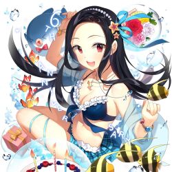 1girl :d animal arm_up ball bare_shoulders beachball beads bell bikini bikini_skirt bikini_top_only bird black_bikini black_hair blue_bikini blue_flower blue_ribbon blue_rose blue_skirt blush bow box bracelet breasts clarice_lapis cleavage collarbone crab crop_top fish floating_hair flower food forehead frilled_bikini frilled_thigh_strap frills front-tie_top fruit gift gift_box hair_flower hair_ornament hairclip halterneck hat heart hibiscus holding innertube jacket jewelry large_breasts leg_ribbon long_hair long_sleeves looking_at_viewer medium_breasts miniskirt navel necklace non-web_source off_shoulder open_clothes open_mouth open_shirt orange_flower pink_flower pink_rose red_eyes red_flower red_rose ribbon rose rubber_duck salt_(salty) see-through_clothes shell shirt short_sleeves sitting skirt smile solo star_(symbol) star_hair_ornament starfish stomach strawberry swim_ring swimsuit thigh_strap uchi_no_hime-sama_ga_ichiban_kawaii very_long_hair water white_background white_flower white_shirt yellow_flower yellow_rose