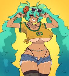 1girl absurdres aqua_hair bangle blue_panties blush bracelet brazilian_flag brazilian_flag_print brazilian_miku breasts collarbone cowboy_shot crop_top doce double_v female_focus fishnet_thighhighs fishnets flag_print flower grin hair_flower hair_ornament half-closed_eyes hatsune_miku head_tilt highres jewelry large_breasts long_hair looking_at_viewer navel necklace one_eye_closed orange_eyes panties panty_peek shirt short_shorts shorts smile solo sunglasses_on_head tan tanline thighhighs torn_clothes torn_legwear twintails unbuttoned_pants underboob underwear v very_long_hair vocaloid wink yellow_background yellow_shirt