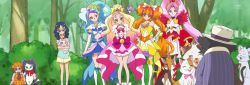 5girls :3 ^_^ akagi_towa amanogawa_kirara anime_screenshot aqua_hair aroma_(go!_princess_precure) bare_shoulders big_hair bird blonde_hair blue_hair boots braid breasts bush calico carrying cat choker clenched_hands closed_eyes crop_top cure_flora cure_mermaid cure_scarlet cure_twinkle dog earrings glasses gloves go!_princess_precure gradient_hair hair_ornament hands_on_own_hips haruno_haruka hat head_tilt highres jewelry kaidou_minami knee_boots kuroro_(go!_princess_precure) light_smile lock_(go!_princess_precure) long_hair long_image magical_girl midriff miss_shamour miss_siamour multicolored_hair multiple_girls nanase_yui nature necktie orange_hair outdoors pink_hair pinstripe_pattern precure puff_(go!_princess_precure) purple_hair quad_tails red_hair skinny skirt small_breasts smile standing striped thigh_boots thigh_gap thighhighs tiara tree twin_braids two-tone_hair very_long_hair watermark wavy_hair white_footwear white_legwear wide_image zettai_ryouiki