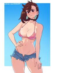 1girl absurdres ayase_momo bikini bikini_under_shorts black_choker blush border breasts brown_eyes brown_hair choker cleavage commentary cutoffs dandadan dashi_(dashiart) denim denim_shorts earrings hand_on_own_hip hand_on_own_thigh highres jewelry looking_at_viewer medium_breasts navel open_fly pink_bikini short_shorts shorts simple_background smile stomach swimsuit thighs variant_set white_background white_border