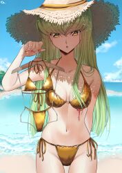 1girl absurdres bare_shoulders beach bikini breasts budgiepon c.c. cloud code_geass collarbone female_focus green_hair hat highres holding long_hair ocean parted_lips sand scar shiny_skin sky small_breasts standing sun_hat swimsuit water yellow_eyes
