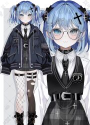 akadajohnson02 belt blue_eyes blue_hair fishnet_pantyhose fishnets heterochromia highres necktie original pantyhose ribbon round_eyewear sleeves_past_fingers sleeves_past_wrists twintails watermark