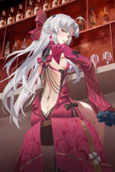 1girl absurdres ahoge aqua_eyes armpit_crease ass backless_outfit bar_(place) bar_stool bottle bow breasts butt_crack carlotta_(wuthering_waves) chinese_commentary commentary_request cup drinking_glass earrings from_behind from_below hair_bow hair_spread_out hairband highres jacket jewelry long_hair looking_at_viewer medium_breasts multicolored_eyes parted_bangs parted_lips partial_commentary pink_bow pink_hairband pink_jacket sidelocks sitting smile solo stool striped_bow tacet_mark_(wuthering_waves) two-tone_eyes white_hair wuthering_waves yaxiya