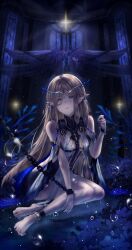 1girl absurdres barefoot black_collar blonde_hair blue_eyes bubble cartethyia_(wuthering_waves) chain chain_leash chinese_commentary collar commentary cross-laced_clothes cross-laced_dress crown_of_thorns crying crying_with_eyes_open earrings english_commentary feet highres jewelry laurel_crown leash looking_at_viewer mixed-language_commentary multiple_earrings pointy_ears sameaki sitting solo streaming_tears tacet_mark_(wuthering_waves) teardrop tears toe_ring toes wuthering_waves yokozuwari