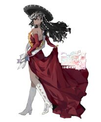 Rule 34 | 1girl, absurdres, artist request, back, bare shoulders, black hair, black hat, boots, centurion (reverse:1999), centurion (the universal star) (reverse:1999), commission, dark-skinned female, dark skin, dress, elbow gloves, evening gown, floating hair, flower, flower wreath, from side, full body, gem hair ornament, gloves, grin, hair over one eye, hat, high heels, highres, knee boots, long dress, long hair, looking at viewer, multicolored hair, official alternate costume, one eye covered, red dress, red gloves, reverse:1999, sash, second-party source, shoulder sash, skirt hold, smile, solo, sombrero, strapless, strapless dress, streaked hair, walking, watermark, white background, white boots, white sash, yellow eyes, yellow flower