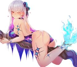 1girl absurdres barefoot blue_fire blush body_markings bracelet breasts earrings fate/grand_order fate_(series) fire flower hair_flower hair_ornament heart heart-shaped_pupils highleg highleg_one-piece_swimsuit highres jewelry kama_(fate) kama_(swimsuit_avenger)_(fate) kama_(swimsuit_avenger)_(third_ascension)_(fate) large_breasts log long_hair looking_at_viewer lotus_hair_ornament metal_bracelet multicolored_hair one-piece_swimsuit one_eye_closed red_eyes smile solo star_(symbol) star_earrings straddling swimsuit symbol-shaped_pupils two-tone_hair white_background yotsutsu428